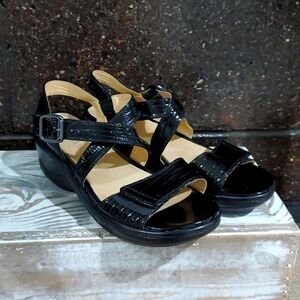 WOMENS CASUAL BLACK LEATHER SANDALS OPEN TOE PLATFORM